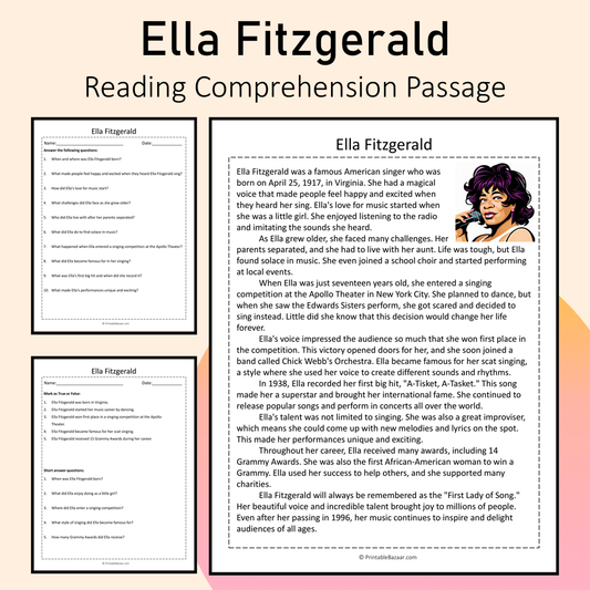 Ella Fitzgerald | Reading Comprehension Passage Printable Activity