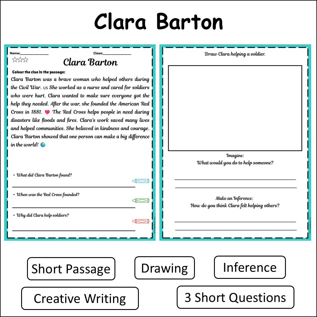Clara Barton | Short Reading Comprehension Creative Worksheet