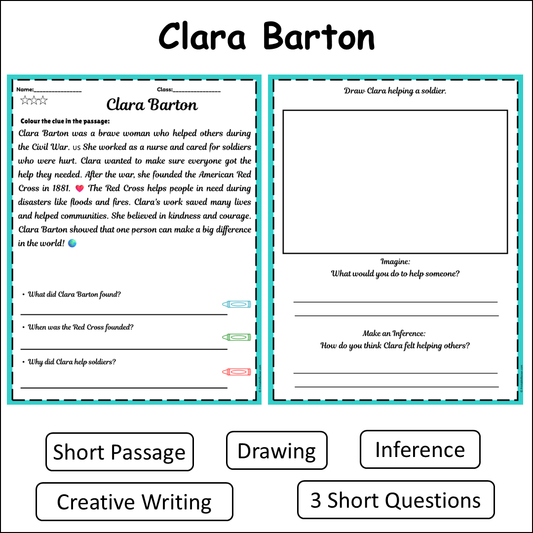 Clara Barton | Short Reading Comprehension Creative Worksheet