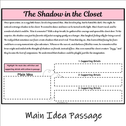 The Shadow in the Closet | Main Idea and Supporting Details Reading Passage and Questions