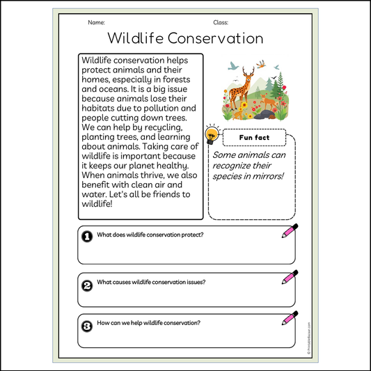 Wildlife Conservation | Reading Passage Comprehension Questions Writing Facts Worksheet