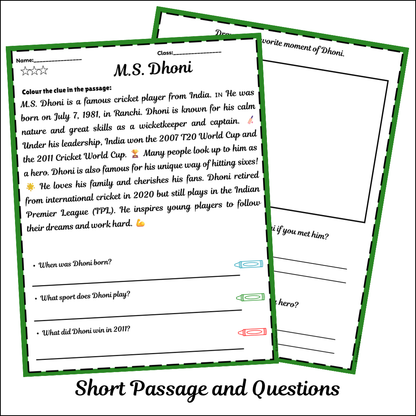 M.S. Dhoni | Short Reading Comprehension Creative Worksheet
