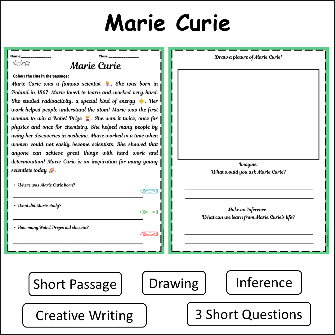 Marie Curie | Short Reading Comprehension Creative Worksheet