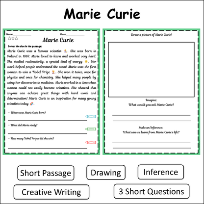 Marie Curie | Short Reading Comprehension Creative Worksheet