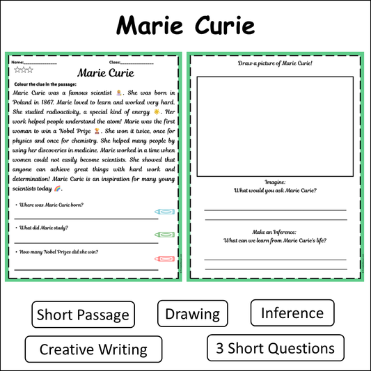Marie Curie | Short Reading Comprehension Creative Worksheet