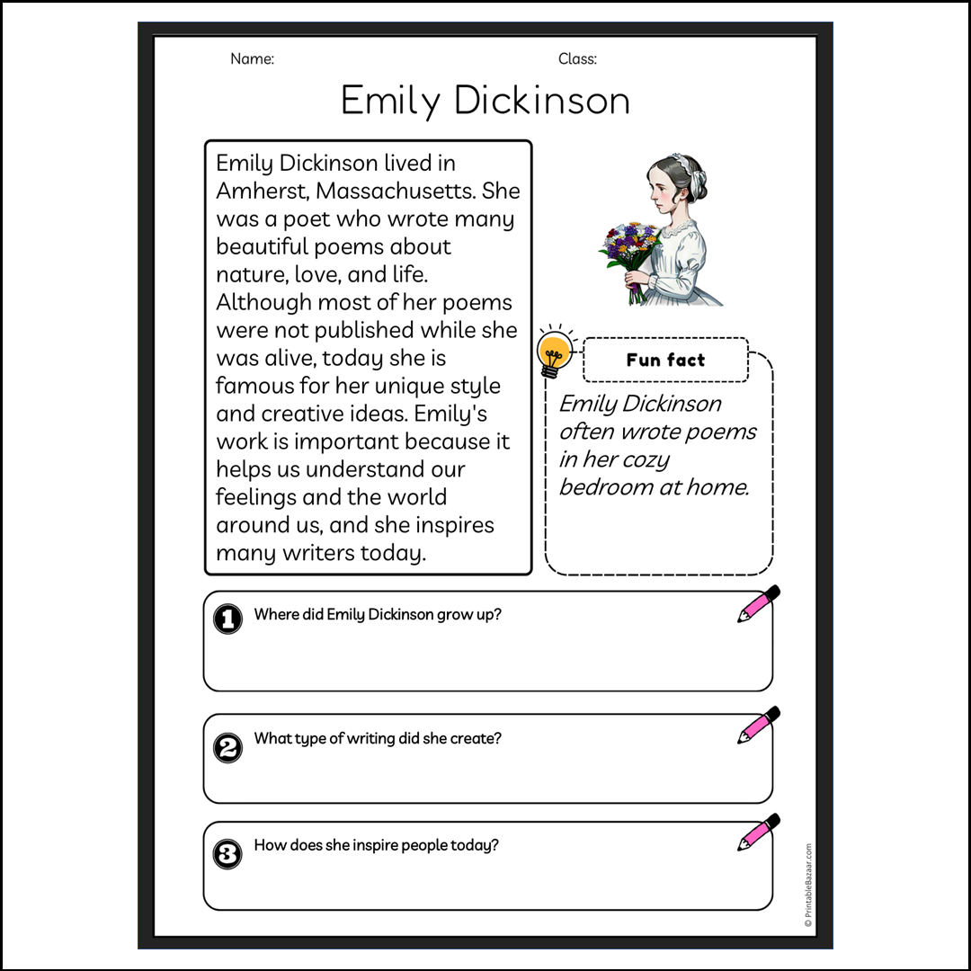 Emily Dickinson | Reading Passage Comprehension Questions Writing Facts Worksheet