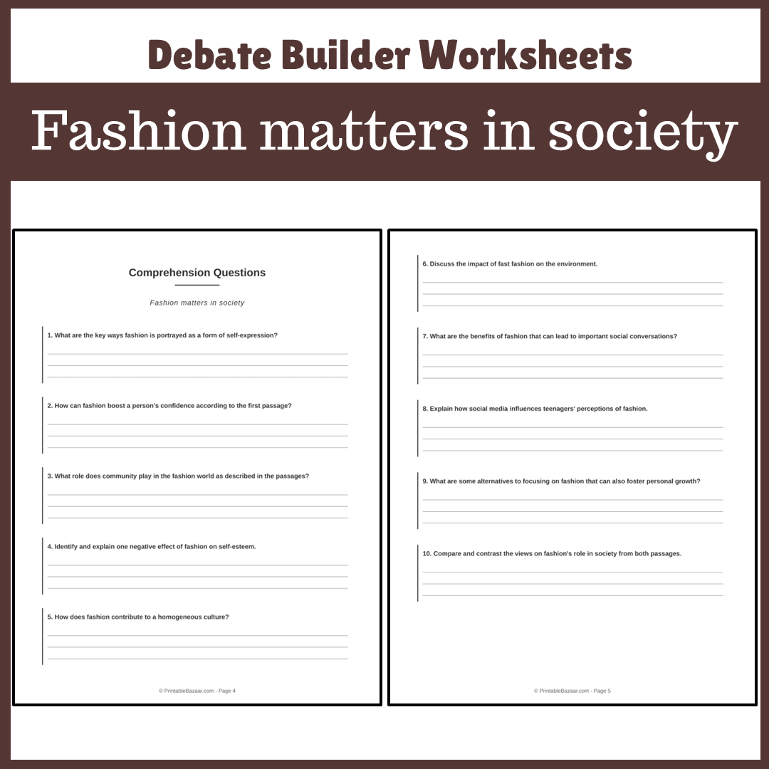 Fashion matters in society | Favour and Against Worksheet Printable Activity