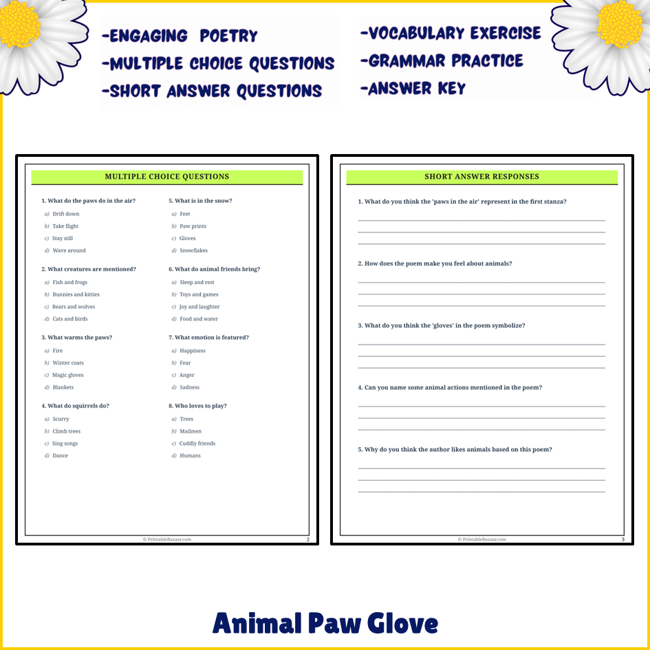 Animal Paw Glove | Poem Grammar Worksheet Printable Activity