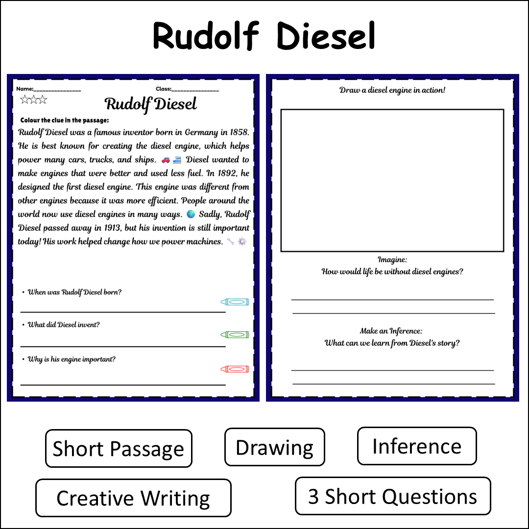 Rudolf Diesel | Short Reading Comprehension Creative Worksheet