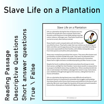 Slave Life on a Plantation | Reading Comprehension Passage Printable Worksheet