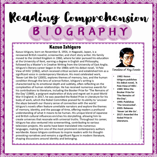 Kazuo Ishiguro | Biography Reading Comprehension and Questions Worksheet