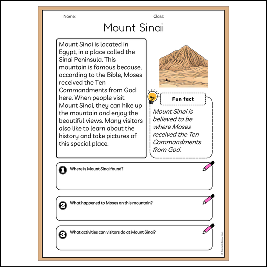 Mount Sinai | Reading Passage Comprehension Questions Writing Facts Worksheet