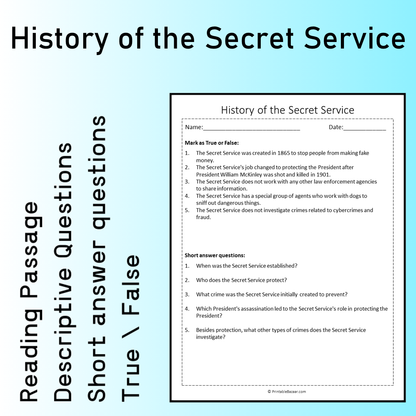 History of the Secret Service | Reading Comprehension Passage Printable Worksheet