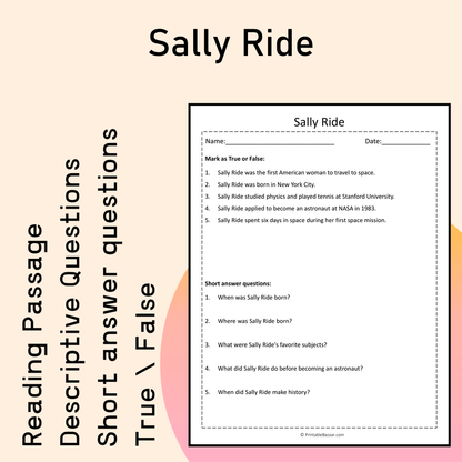 Sally Ride | Reading Comprehension Passage Printable Activity