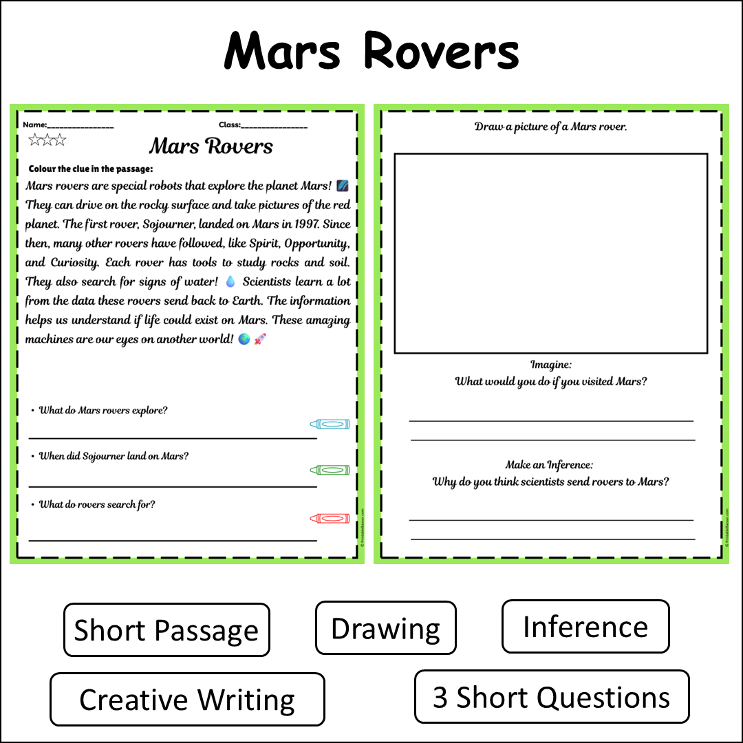 Mars Rovers | Short Reading Comprehension Creative Worksheet