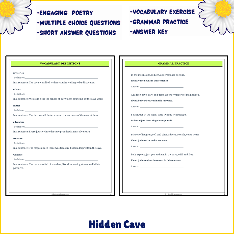 Hidden Cave | Poem Grammar Worksheet Printable Activity