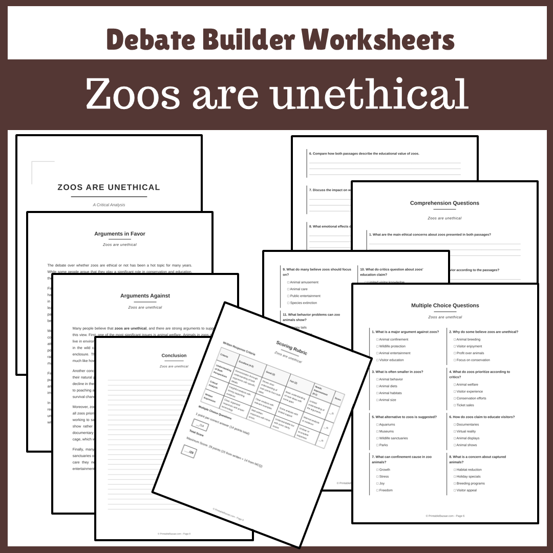 Zoos are unethical | Favour and Against Worksheet Printable Activity