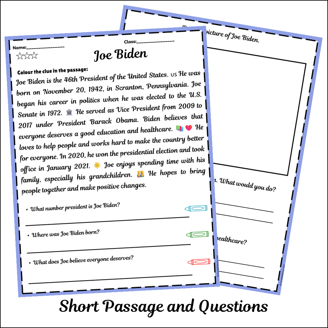 Joe Biden | Short Reading Comprehension Creative Worksheet