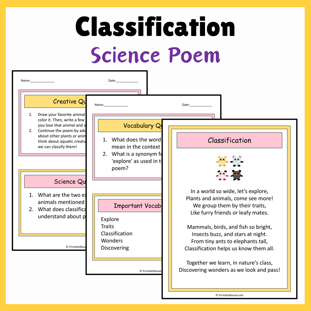 Classification | Science Poem Reading Comprehension Activity