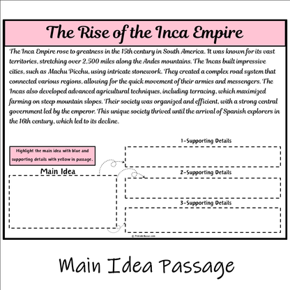 The Rise of the Inca Empire | Main Idea and Supporting Details Reading Passage and Questions