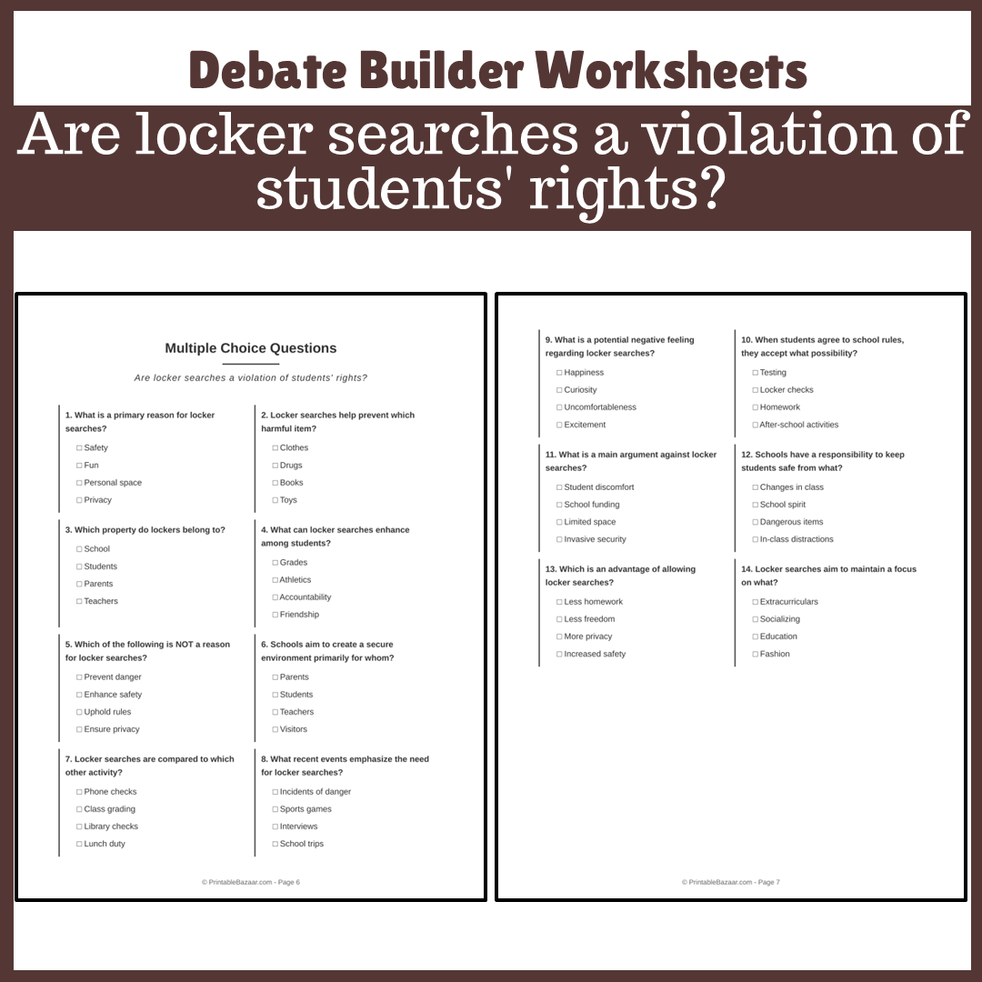 Are locker searches a violation of students' rights? | Favour and Against Worksheet Printable Activity