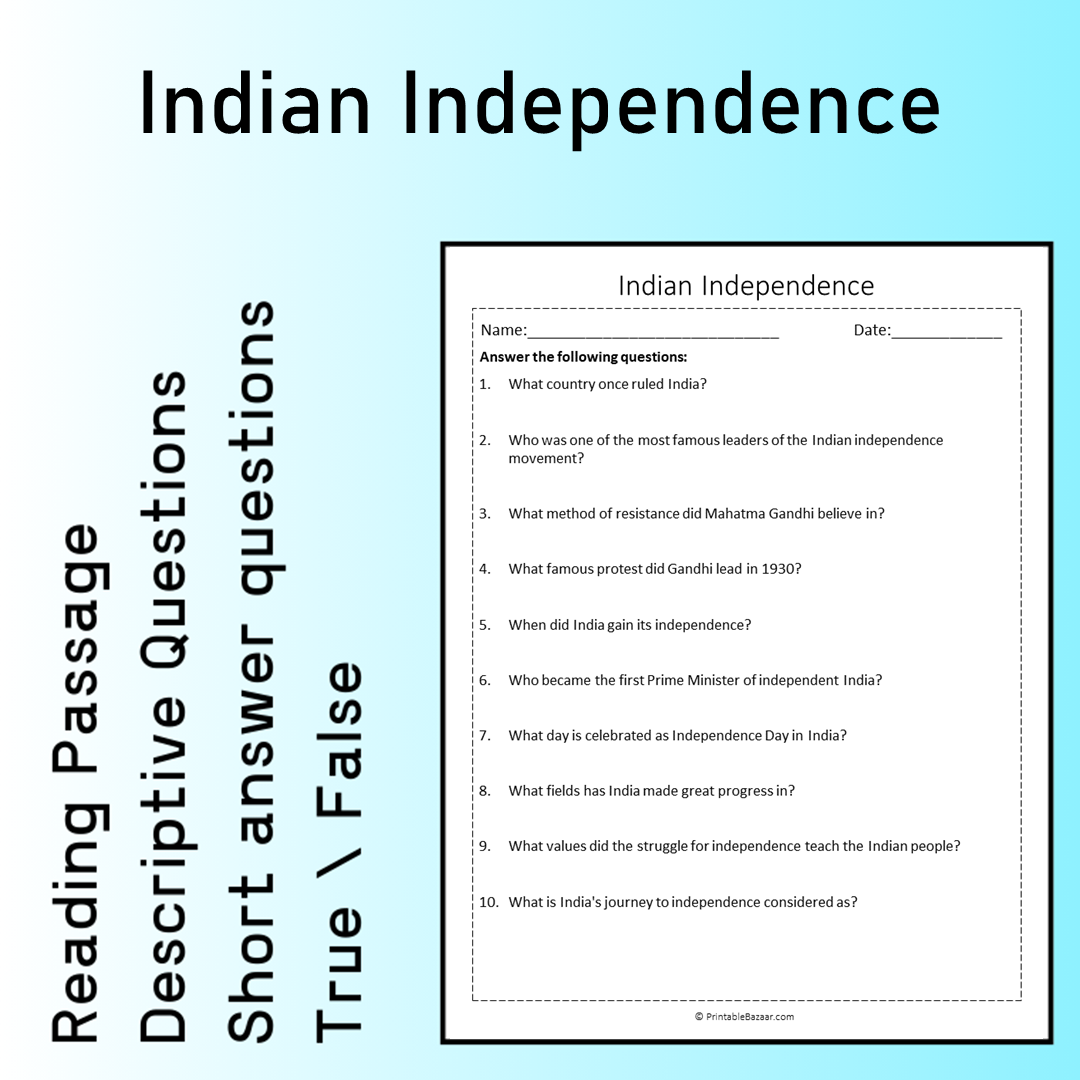 Indian Independence | Reading Comprehension Passage Printable Worksheet