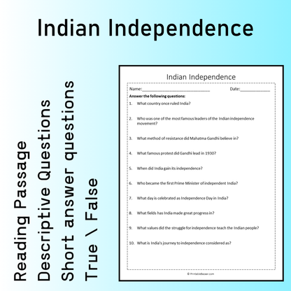 Indian Independence | Reading Comprehension Passage Printable Worksheet
