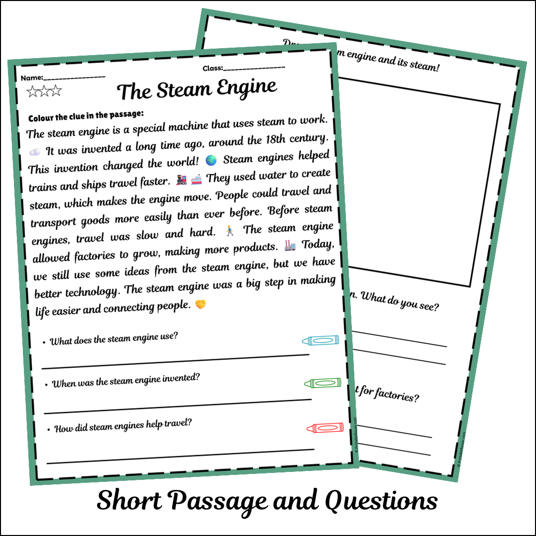 The Steam Engine | Short Reading Comprehension Creative Worksheet