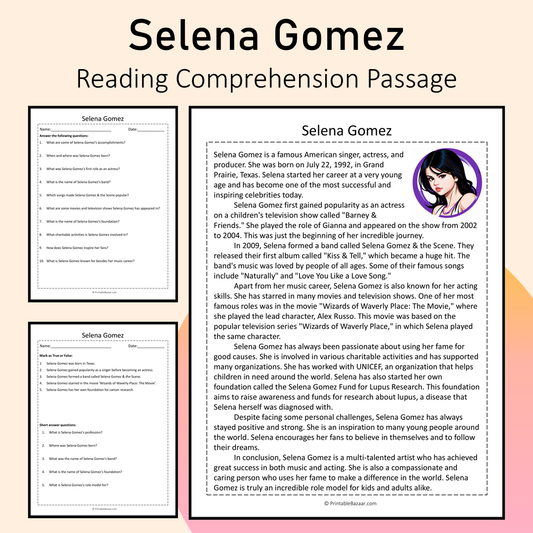 Selena Gomez | Reading Comprehension Passage Printable Activity