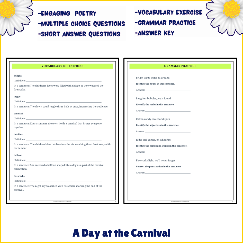 A Day at the Carnival | Poem Grammar Worksheet Printable Activity