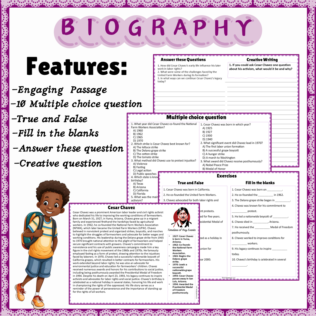 Cesar Chavez | Biography Reading Comprehension and Questions Worksheet