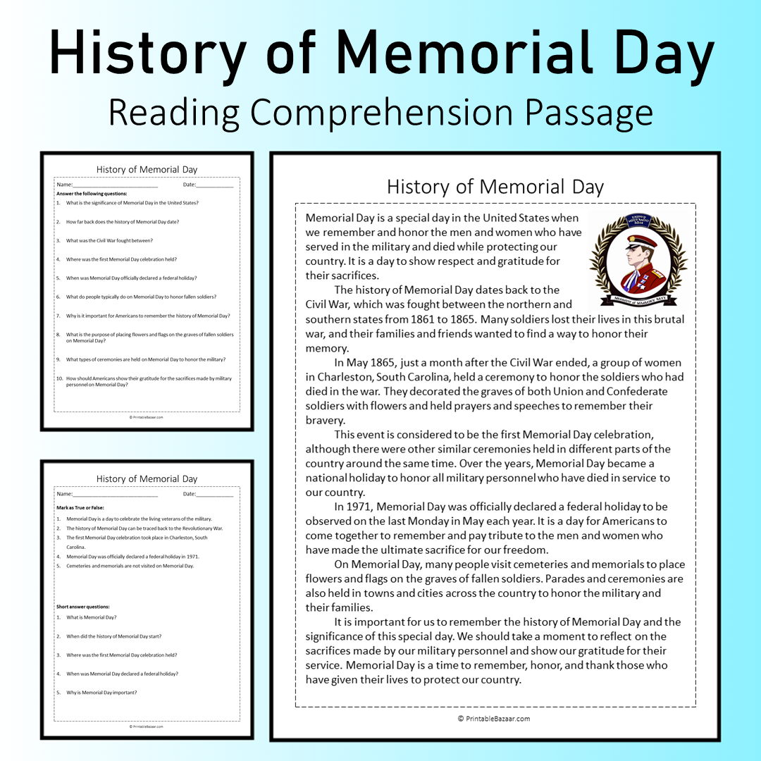 History of Memorial Day | Reading Comprehension Passage Printable Worksheet