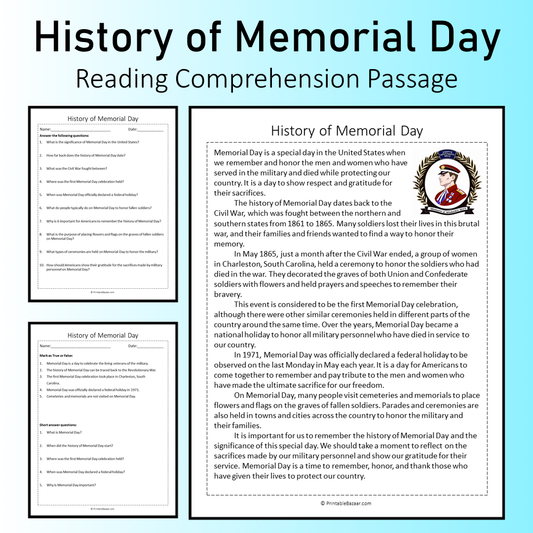 History of Memorial Day | Reading Comprehension Passage Printable Worksheet