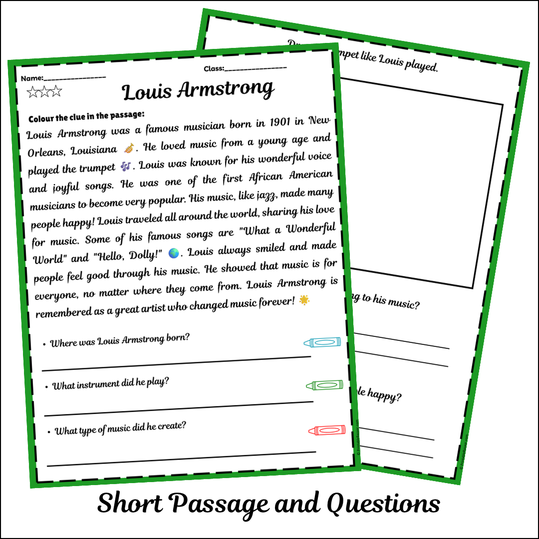 Louis Armstrong | Short Reading Comprehension Creative Worksheet