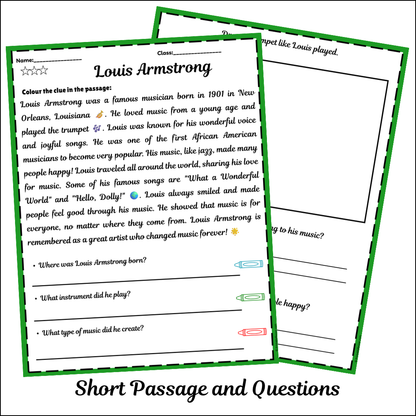 Louis Armstrong | Short Reading Comprehension Creative Worksheet
