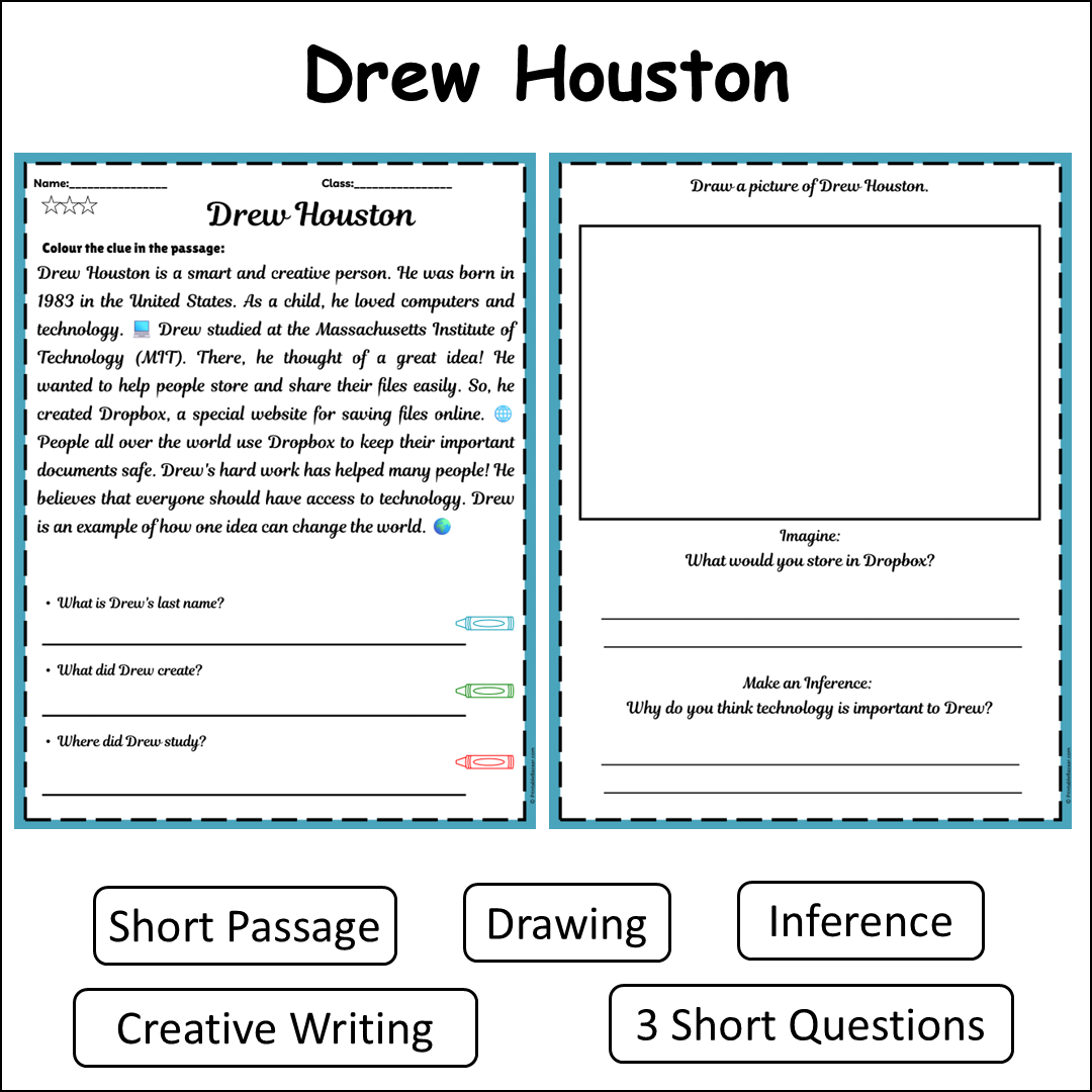 Drew Houston | Short Reading Comprehension Creative Worksheet