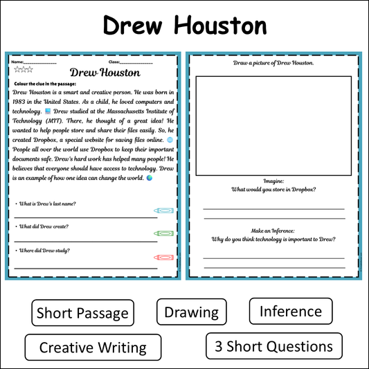 Drew Houston | Short Reading Comprehension Creative Worksheet