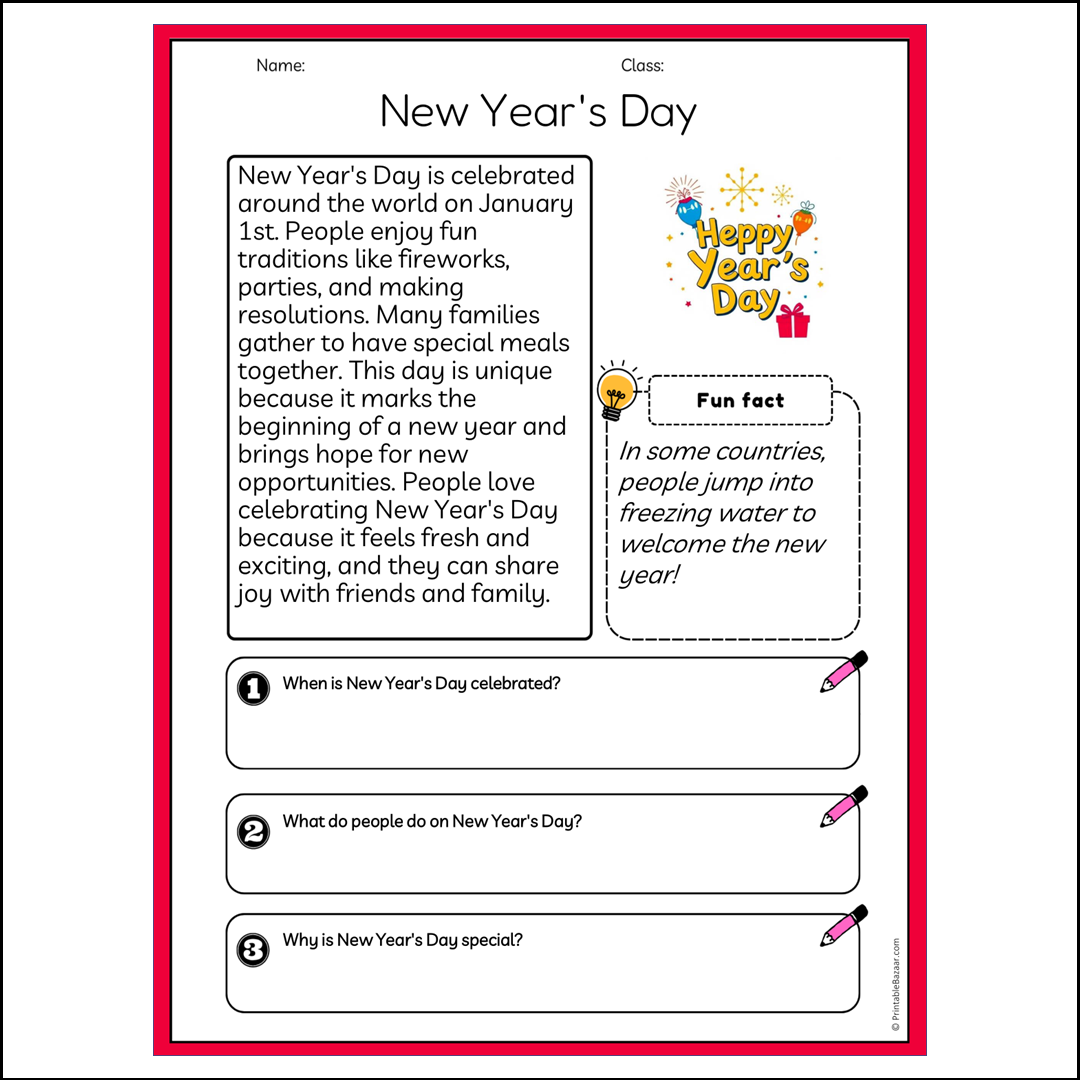 New Year's Day | Reading Passage Comprehension Questions Writing Facts Worksheet