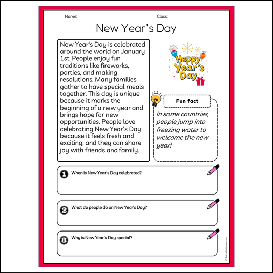 New Year's Day | Reading Passage Comprehension Questions Writing Facts Worksheet