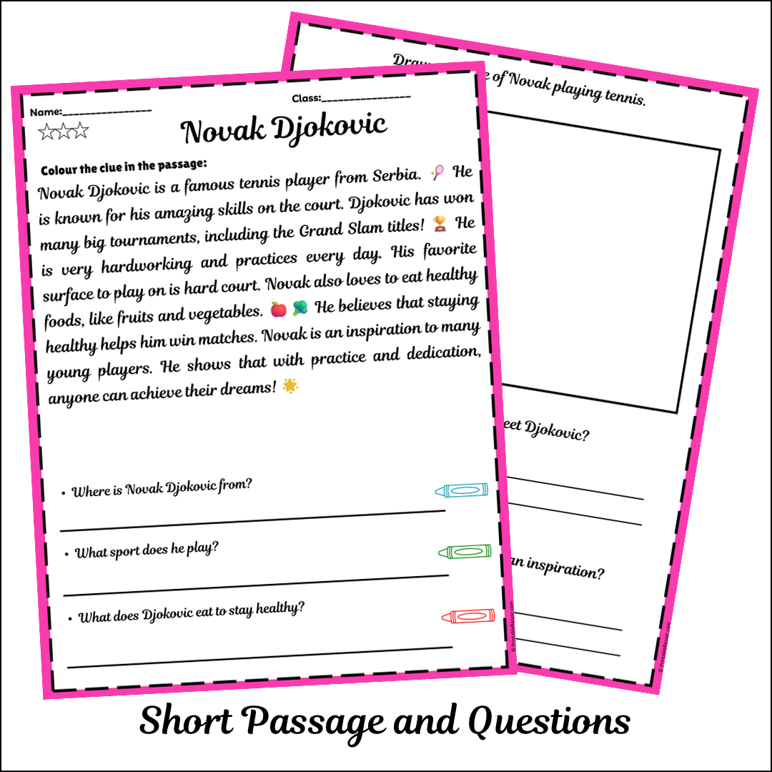 Novak Djokovic | Short Reading Comprehension Creative Worksheet