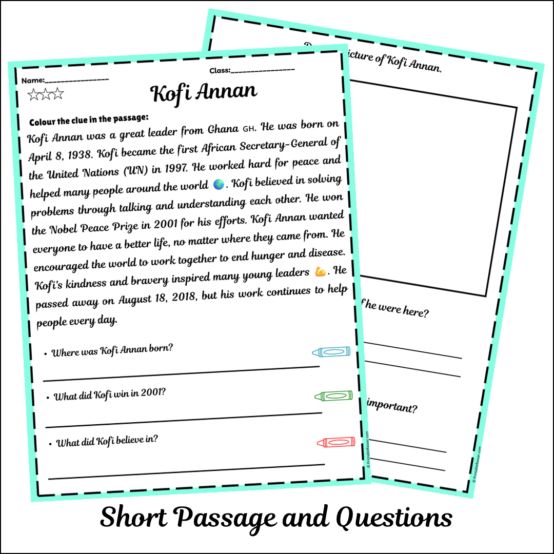 Kofi Annan | Short Reading Comprehension Creative Worksheet