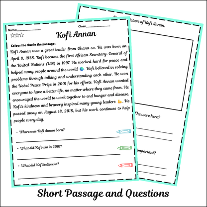 Kofi Annan | Short Reading Comprehension Creative Worksheet