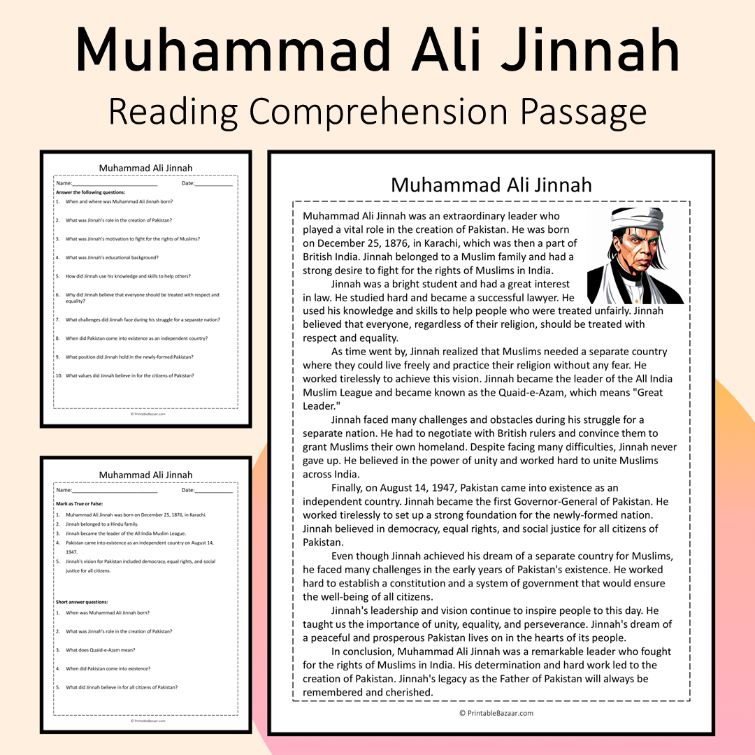 Muhammad Ali Jinnah | Reading Comprehension Passage Printable Activity