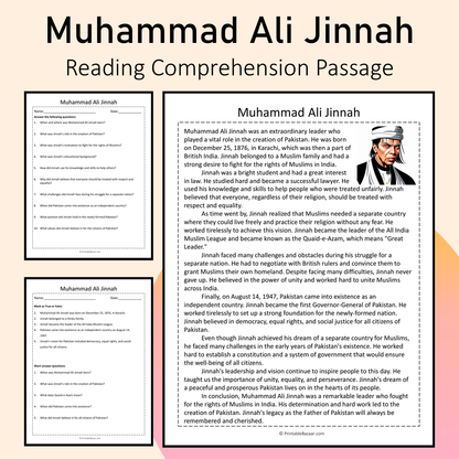 Muhammad Ali Jinnah | Reading Comprehension Passage Printable Activity