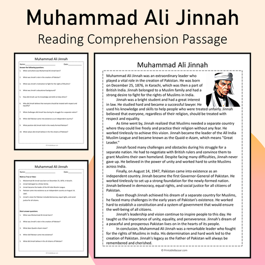Muhammad Ali Jinnah | Reading Comprehension Passage Printable Activity