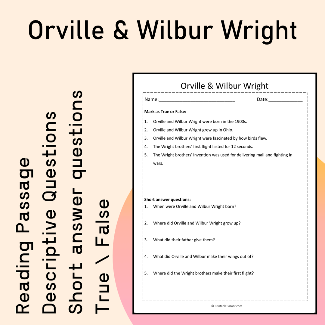 Orville & Wilbur Wright | Reading Comprehension Passage Printable Activity