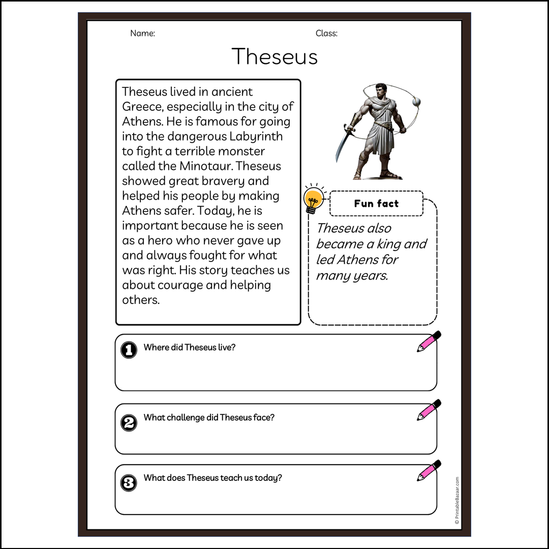 Theseus | Reading Passage Comprehension Questions Writing Facts Worksheet