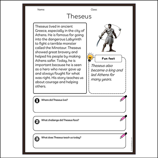 Theseus | Reading Passage Comprehension Questions Writing Facts Worksheet