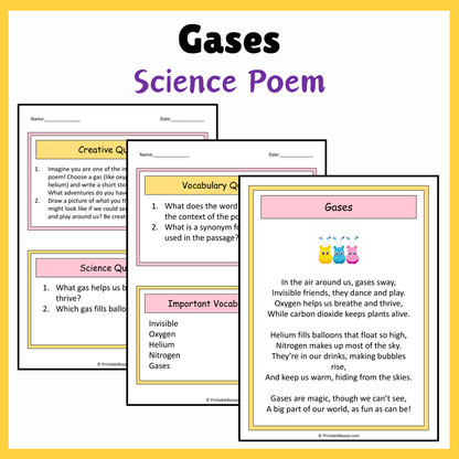 Gases | Science Poem Reading Comprehension Activity