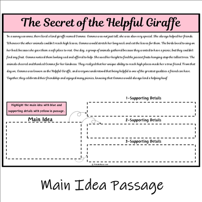 The Secret of the Helpful Giraffe | Main Idea and Supporting Details Reading Passage and Questions